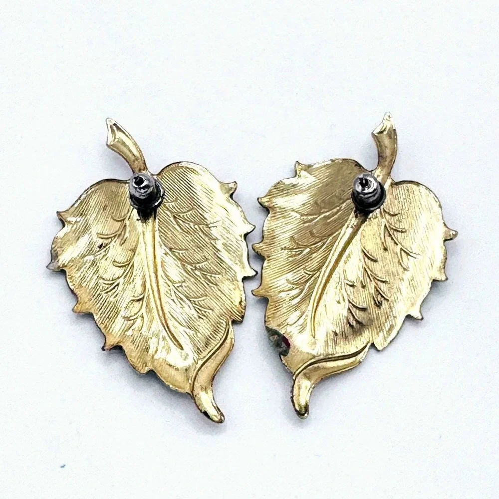 Vintage Enamel Leaf Earrings Gold Tone Fall Autumn‎ Nature Statement Studs